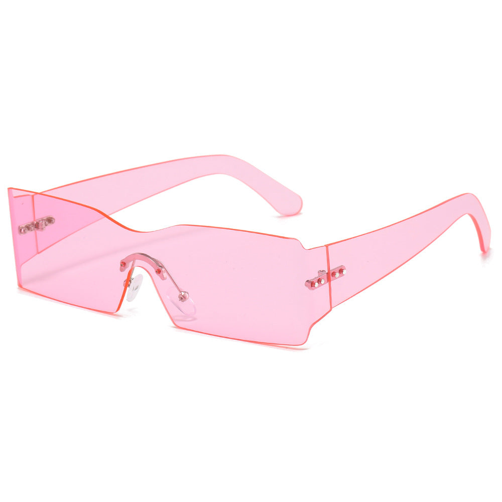 (6 PACK) Wholesale Sunglasses New Arrival One Piece Unique Square Rimless Rivet Fashion 2024 - BulkSunglassesWholesale.com - Pink Lens