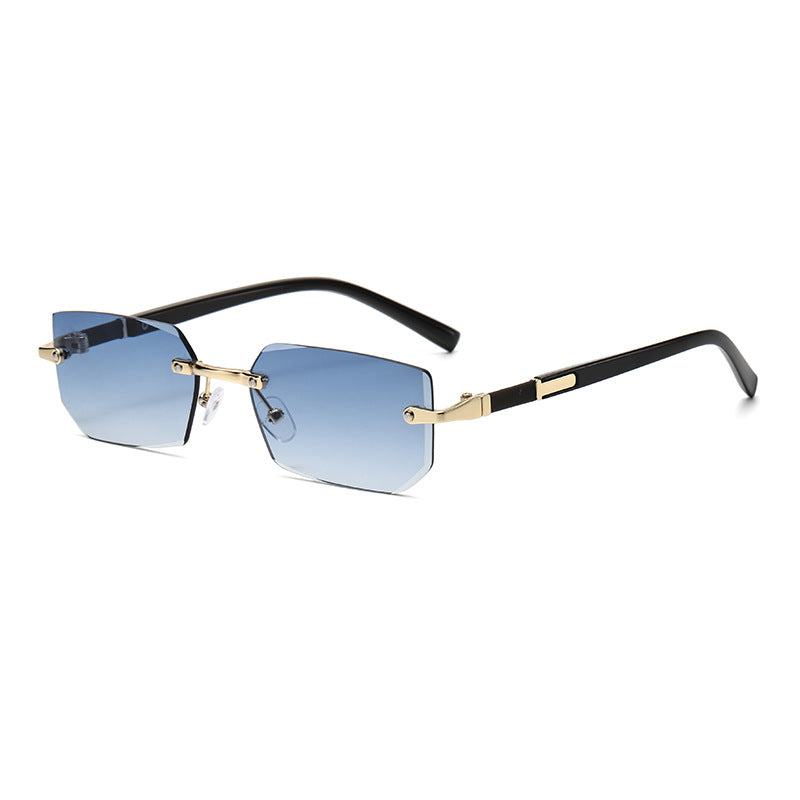 (6 PACK) Wholesale Sunglasses New Arrival Rimless Fashion Trendy Cut Edge 2024 - BulkSunglassesWholesale.com - Gold Frame Blue Lens