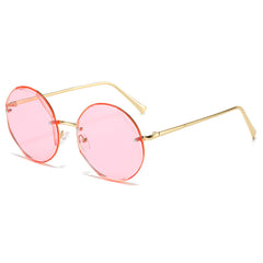 (6 PACK) Wholesale Sunglasses New Arrival Round Fashion Unique Rimless Metal Women 2024 - BulkSunglassesWholesale.com - Gold Frame Purple Lens