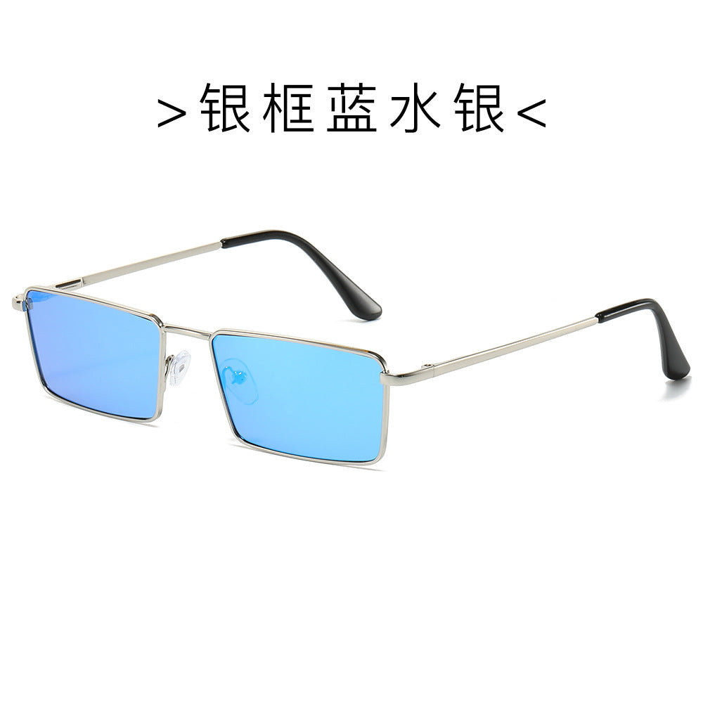 (6 PACK) Wholesale Sunglasses Metal Square Small Women Fashion Vintage Unique Street Trendy 2024 - BulkSunglassesWholesale.com - Silver Frame Blue Mirrored