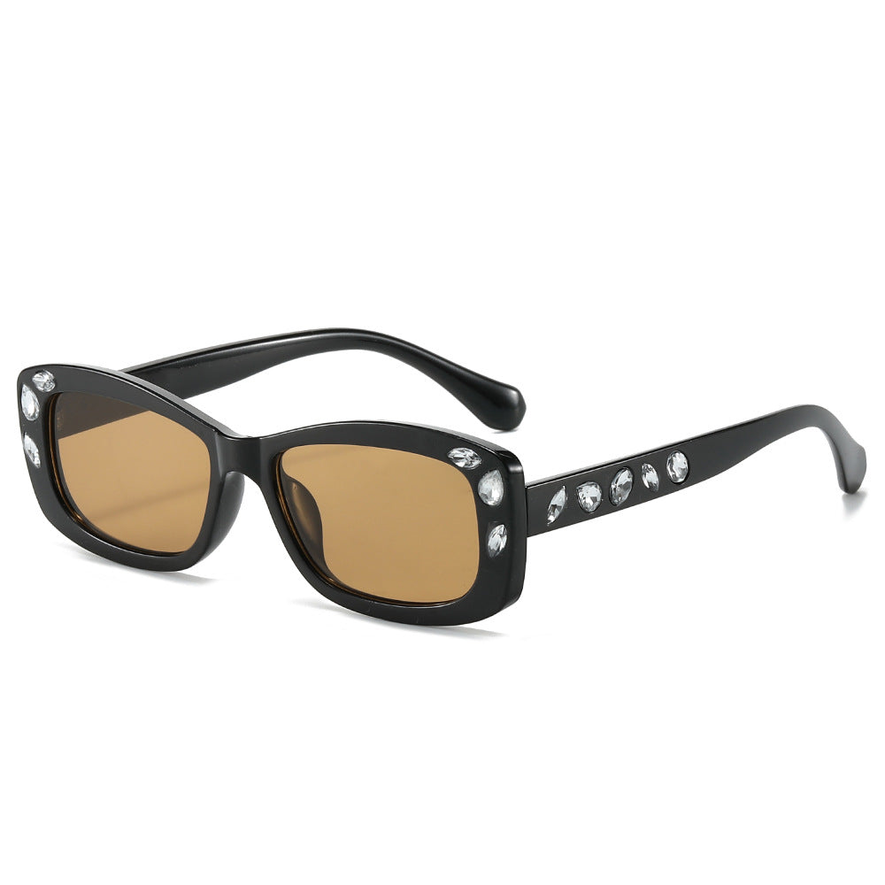 (6 PACK) Wholesale Sunglasses New Arrival Small Fashion Trendy Women Round Rhinestone Hip Hop Trendy 2024 - BulkSunglassesWholesale.com - Black Frame Tea Lens