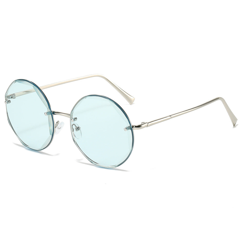 (6 PACK) Wholesale Sunglasses New Arrival Round Fashion Unique Rimless Metal Women 2024 - BulkSunglassesWholesale.com - Silver Frame Blue Lens