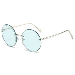 (6 PACK) Wholesale Sunglasses New Arrival Round Fashion Unique Rimless Metal Women 2024 - BulkSunglassesWholesale.com - Silver Frame Blue Lens