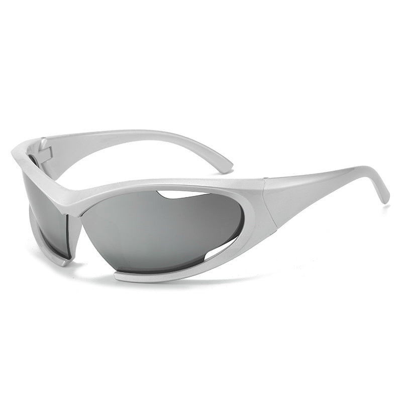 (12 PACK) Wholesale Sports Sunglasses New Arrival Hollow Trendy Street Cycling Sport Women 2024 - BulkSunglassesWholesale.com - Silver Frame Mirrored Lens
