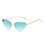 (6 PACK) Wholesale Sunglasses Fashion Cat Eye Cut Edge Trendy New Arrival Rimless Triangle 2024 - BulkSunglassesWholesale.com - Gold Frame Gradient Green Lens