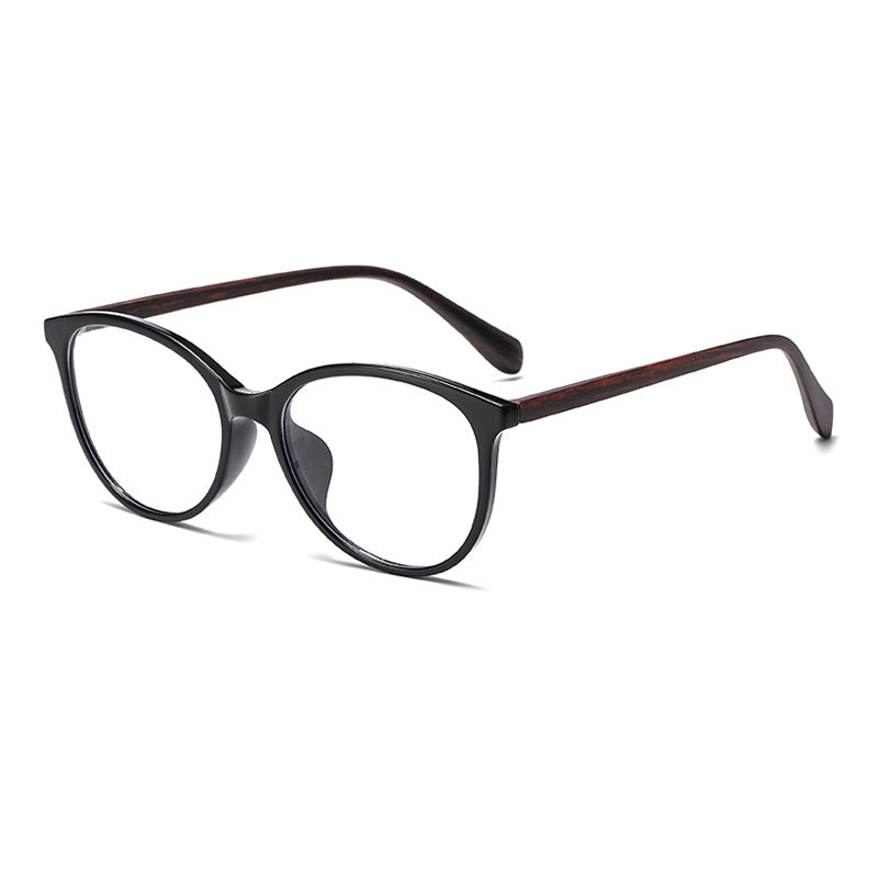(6 PACK) Wholesale Eyeglasses Frames New Arrival Vintage TR Wood Grain Women Korean Cat Eye Antiblue Light 2025 - BulkSunglassesWholesale.com - Shiny Black Frame