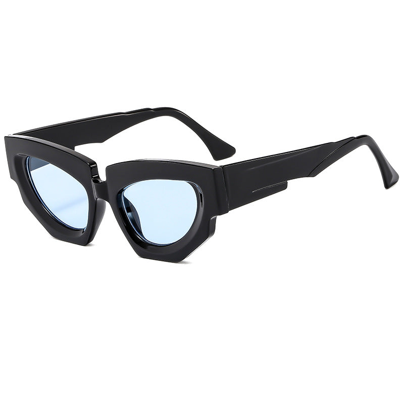 (6 PACK) Wholesale Sunglasses New Arrival Cat Eye Unique Hip Hop Fashion Women 2024 - BulkSunglassesWholesale.com - Black Frame Blue Lens