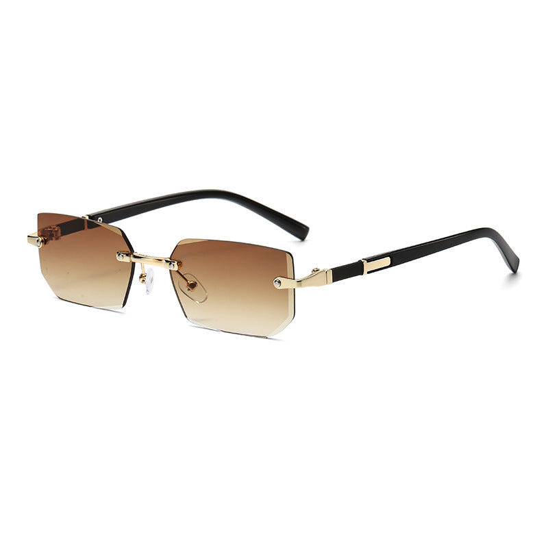 (6 PACK) Wholesale Sunglasses New Arrival Rimless Fashion Trendy Cut Edge 2024 - BulkSunglassesWholesale.com - Gold Frame Tea Lens