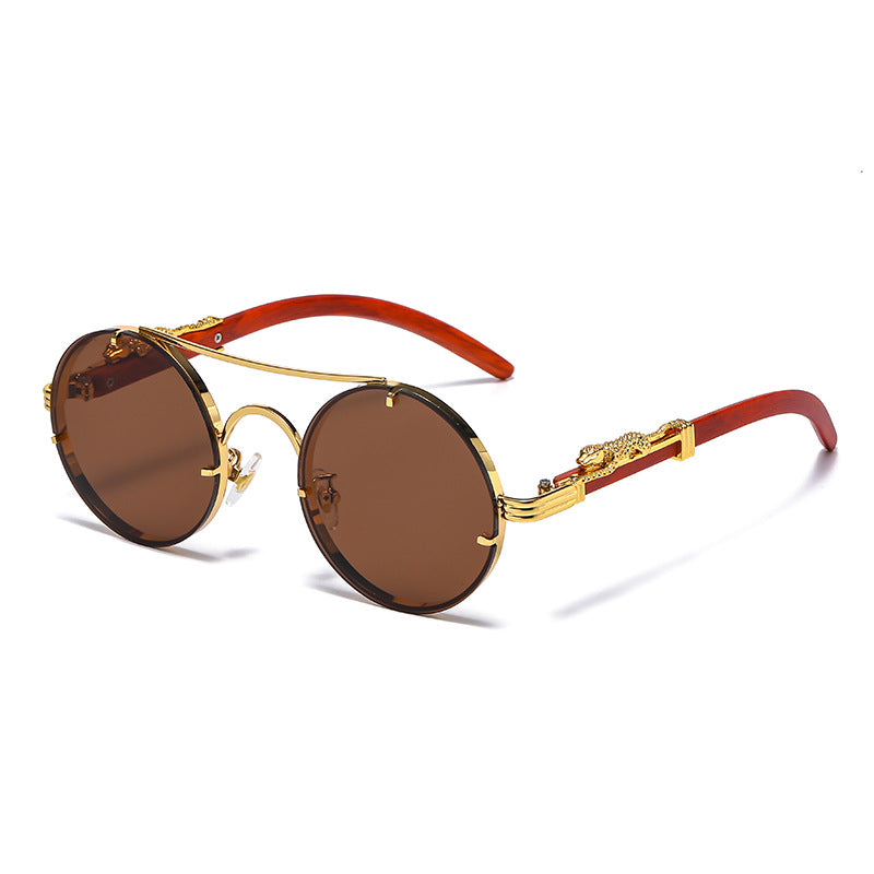 (6 PACK) Wholesale Sunglasses New Arrival Unique Round Metal Fashion Double Bridge Leopard Head 2025 - BulkSunglassesWholesale.com - Gold Frame Tea