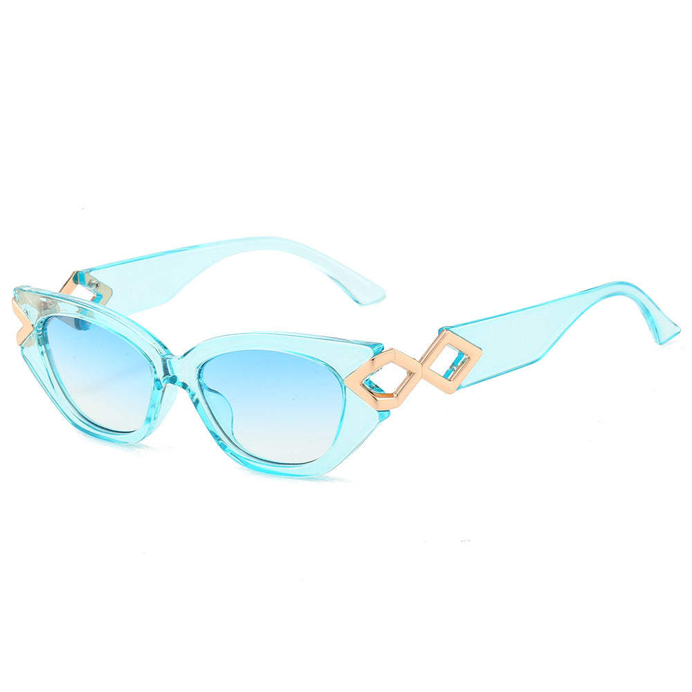 (6 PACK) Wholesale Sunglasses New Arrival Cat Eye Unique Metal Fashion Women 2024 - BulkSunglassesWholesale.com - Blue Frame Blue Lens