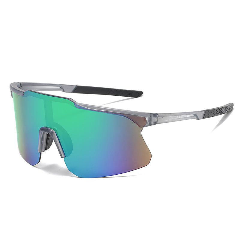(12 PACK) Wholesale Sports Sunglasses New Arrival Unisex Fashion Oversized Outdoor Sport Cycling 2024 - BulkSunglassesWholesale.com - Clear Grey Frame Green Mirrored