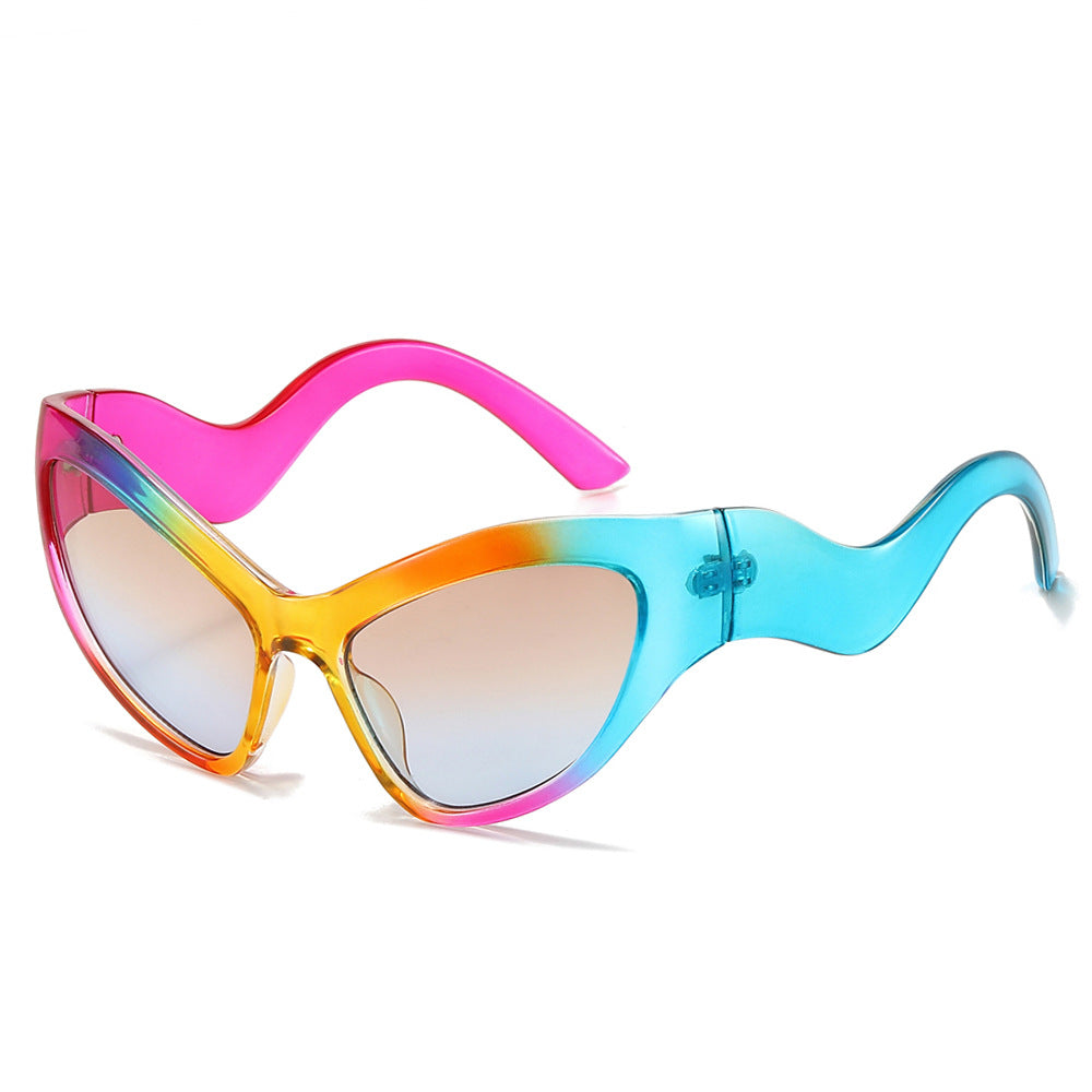 (6 PACK) Wholesale Sunglasses Unique New Arrival Cat Eye Trendy Women 2024 - BulkSunglassesWholesale.com - Pink Yellow Blue Frame Tea Blue Lens