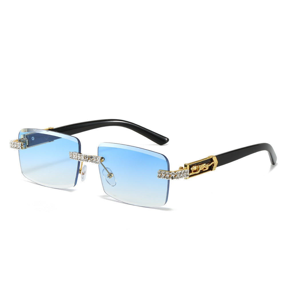 (6 PACK) Wholesale Sunglasses New Arrival Unique Rhinestone Fashion Trendy Rhinestone Cut Edge Square Hip Hop Street 2024 - BulkSunglassesWholesale.com - Gold Blue Lens