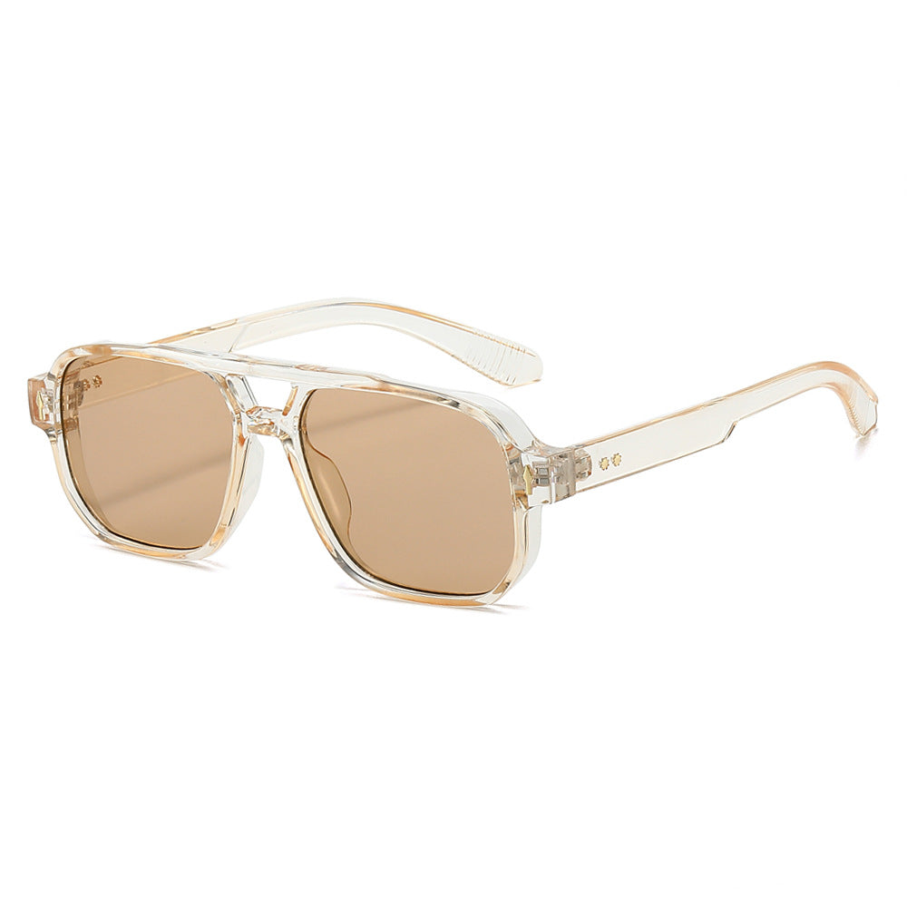 (6 PACK) Wholesale Sunglasses New Arrival Fashion Double Bridge Rivet Vintage 2024 - BulkSunglassesWholesale.com - Champagne Frame Tea Lens