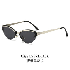(6 PACK) Wholesale Sunglasses New Arrival Trendy Metal Rimless Cat Eye Women Fashion Trendy 2024 - BulkSunglassesWholesale.com - Silver Frame Black Black Lens