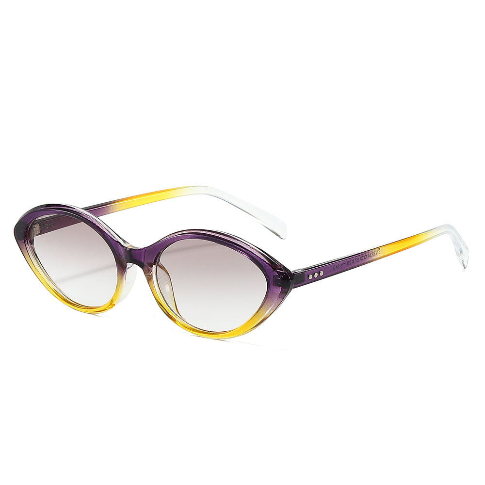 (6 PACK) Wholesale Sunglasses New Arrival Small Cat Eye Women Street Fashion Trendy Women 2024 - BulkSunglassesWholesale.com - Purple Yellow Frame Gradient Black Lens