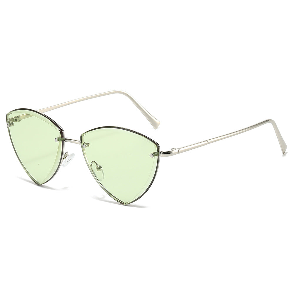 (6 PACK) Wholesale Sunglasses New Arrival Unique Metal Small Triangle Rimless Cut Edge Hip Hop 2024 - BulkSunglassesWholesale.com - Silver Frame Green Lens