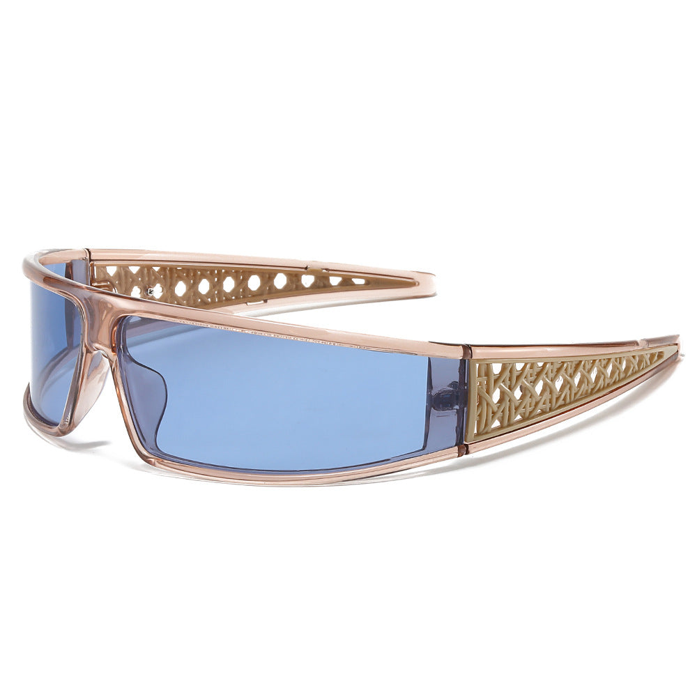 (6 PACK) Wholesale Sunglasses Women One Piece 2025 - BulkSunglassesWholesale.com - Champagne Frame Blue Lens