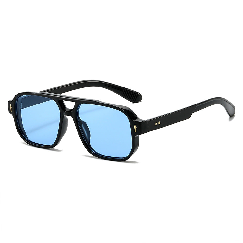 (6 PACK) Wholesale Sunglasses New Arrival Fashion Double Bridge Rivet Vintage 2024 - BulkSunglassesWholesale.com - Black Frame Blue Lens