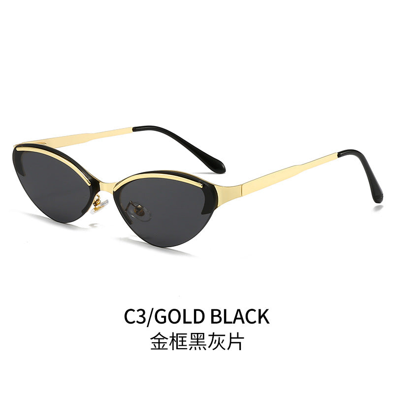 (6 PACK) Wholesale Sunglasses New Arrival Trendy Metal Rimless Cat Eye Women Fashion Trendy 2024 - BulkSunglassesWholesale.com - Gold Frame Black Black Lens