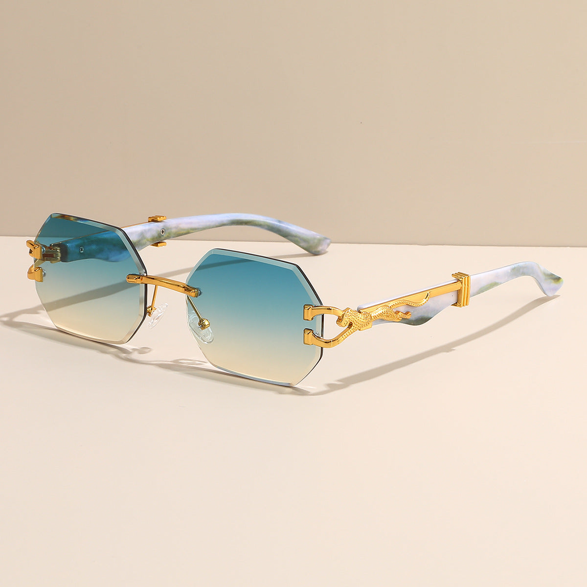 (6 PACK) Wholesale Sunglasses Rimless Cut Edge Fashion Square Trendy 2024 - BulkSunglassesWholesale.com - Temple Gradient Green Lens