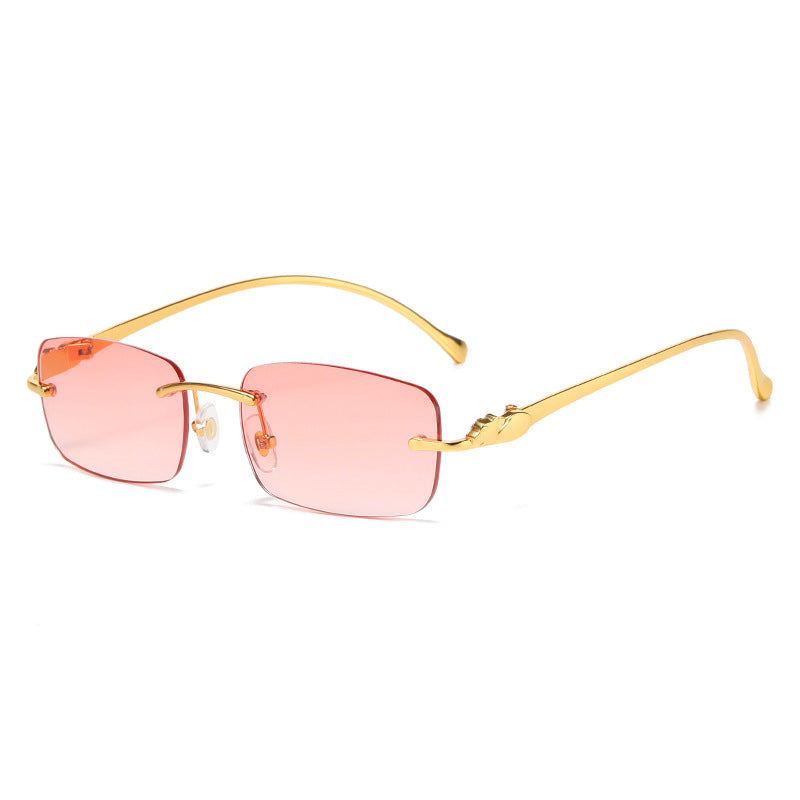 (6 PACK) Wholesale Sunglasses Unique Leopard Head Metal Rimless New Arrival Unisex 2025 - BulkSunglassesWholesale.com - Gold Frame Gradient Pink