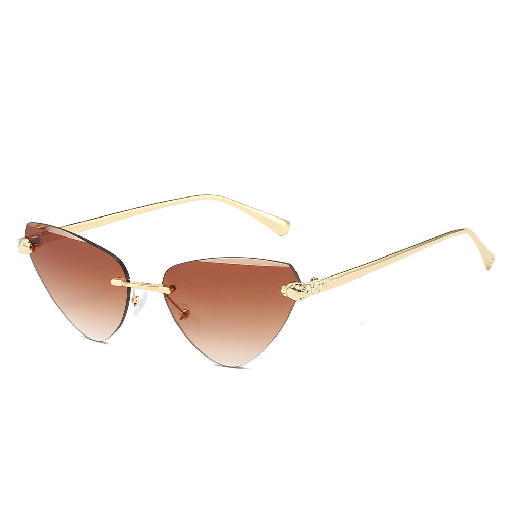(6 PACK) Wholesale Sunglasses Fashion Cat Eye Cut Edge Trendy New Arrival Rimless Triangle 2024 - BulkSunglassesWholesale.com - Gold Frame Gradient Tea Lens