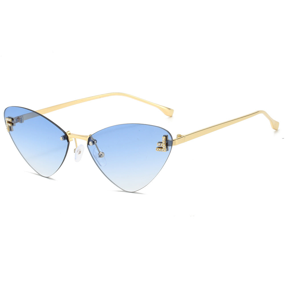 (6 PACK) Wholesale Sunglasses Rimless Triangle Cat Eye Fashion Unique Metal 2024 - BulkSunglassesWholesale.com - Gold Frame Gradient Blue Lens