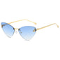 (6 PACK) Wholesale Sunglasses Rimless Triangle Cat Eye Fashion Unique Metal 2024 - BulkSunglassesWholesale.com - Gold Frame Gradient Blue Lens