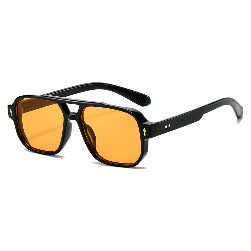 (6 PACK) Wholesale Sunglasses New Arrival Fashion Double Bridge Rivet Vintage 2024 - BulkSunglassesWholesale.com - Black Frame Orange Yellow Lens