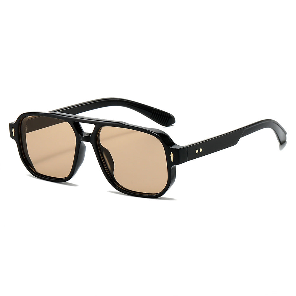 (6 PACK) Wholesale Sunglasses New Arrival Fashion Double Bridge Rivet Vintage 2024 - BulkSunglassesWholesale.com - Black Frame Tea Lens