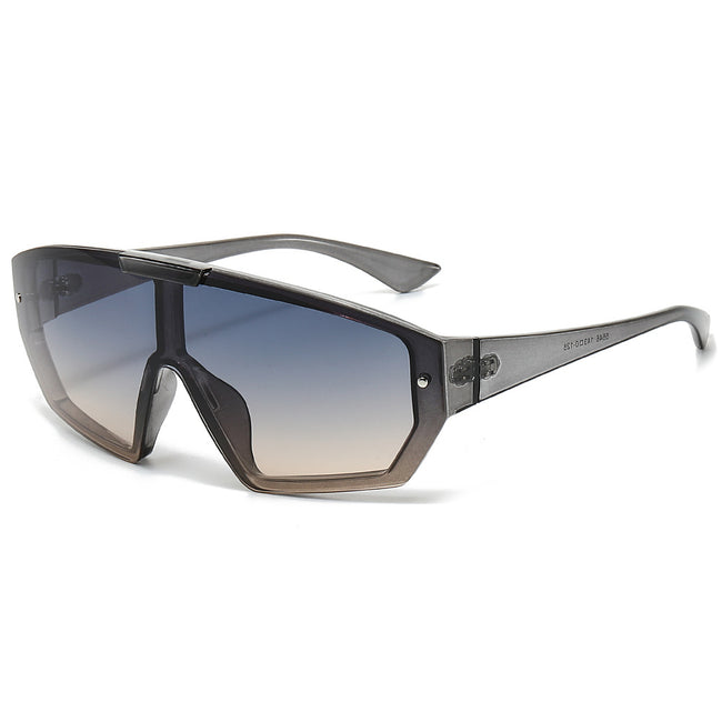 (6 PACK) Wholesale Sunglasses New Arrival Fashion One Piece Oversized Unisex Trendy Outdoor Cycling Sport 2024 - BulkSunglassesWholesale.com - Grey Frame Blue Tea Lens Hover Image