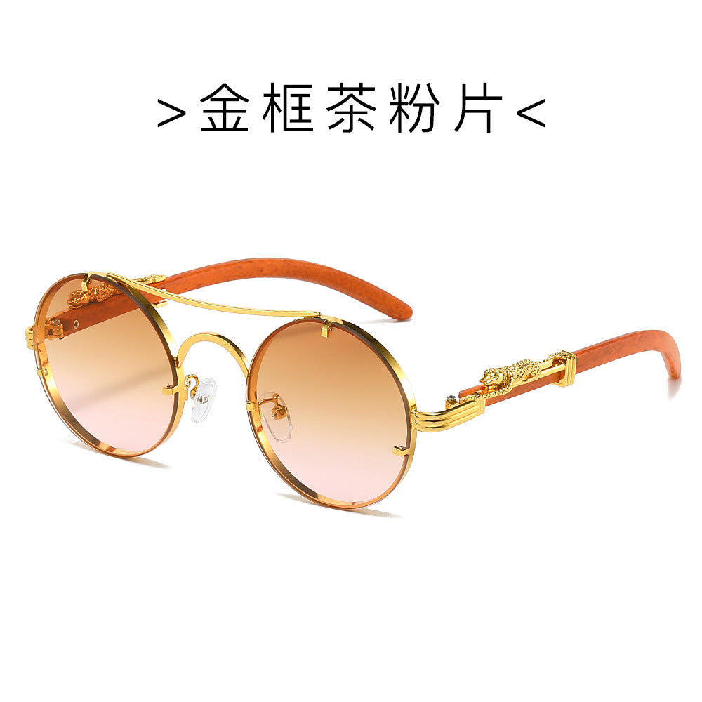 (6 PACK) Wholesale Sunglasses New Arrival Classic Vintage Double Bridge Leopard Head Men Metal Round 2024 - BulkSunglassesWholesale.com - Gold Frame Tea Pink Lens