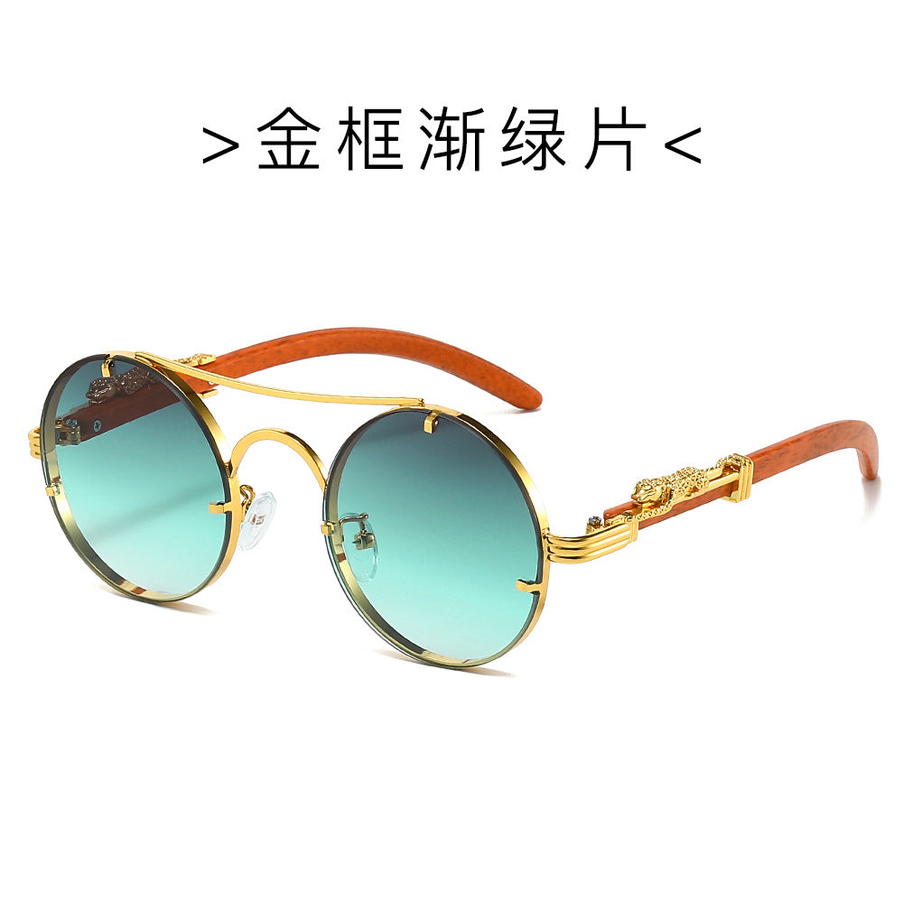 (6 PACK) Wholesale Sunglasses New Arrival Classic Vintage Double Bridge Leopard Head Men Metal Round 2024 - BulkSunglassesWholesale.com - Gold Frame Gradient Green Lens