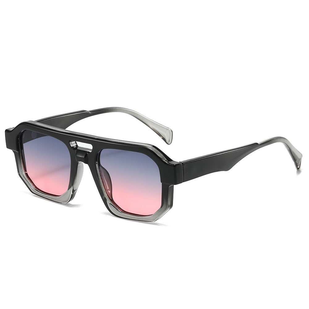 (6 PACK) Wholesale Sunglasses New Arrival Women Oversized Women Women Unique Double Bridge 2024 - BulkSunglassesWholesale.com - Black Grey Frame Grey Pink Lens
