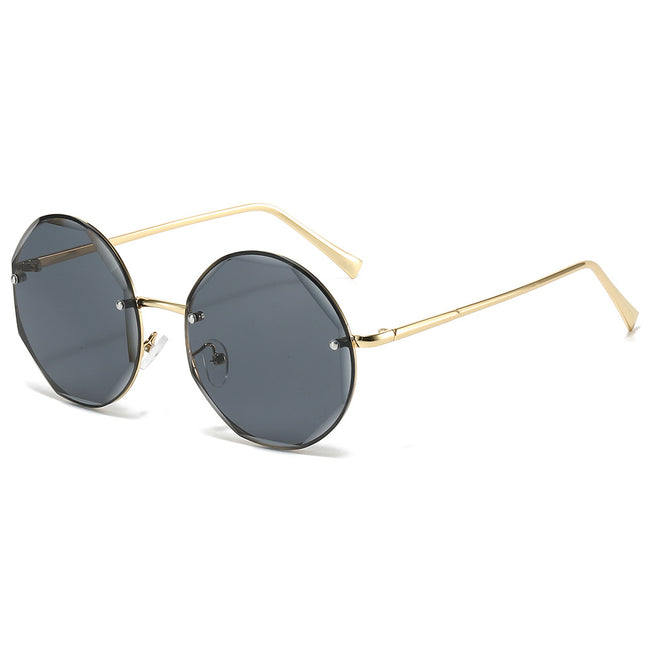 (6 PACK) Wholesale Sunglasses New Arrival Round Fashion Unique Rimless Metal Women 2024 - BulkSunglassesWholesale.com - Gold Frame Black Lens Hover Image