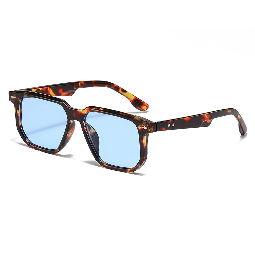 (6 PACK) Wholesale Sunglasses New Arrival Square Unisex Fashion Rivet 2025 - BulkSunglassesWholesale.com - Leopard Print Frame Blue Lens