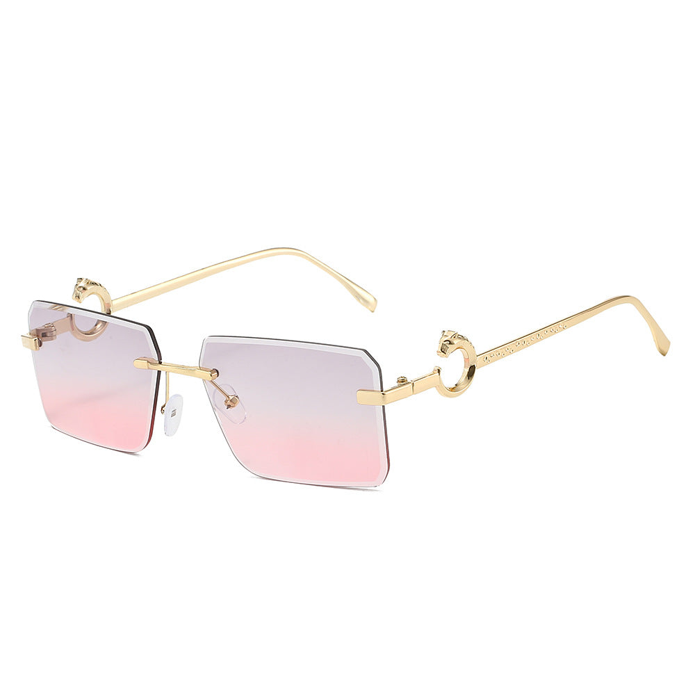 (6 PACK) Wholesale Sunglasses New Arrival Rimless Unique Metal Fashion Cut Edge Women 2024 - BulkSunglassesWholesale.com - Gold Frame Grey Pink Lens