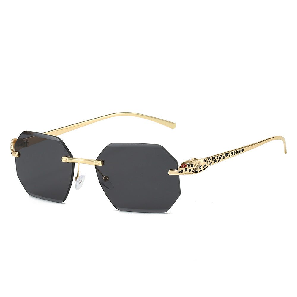 (6 PACK) Wholesale Sunglasses New Arrival Rimless Unique Leopard Head Polygon Cut Edge Fashion Women 2024 - BulkSunglassesWholesale.com - Gold Frame Black Lens