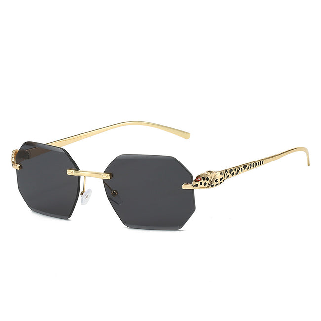 (6 PACK) Wholesale Sunglasses New Arrival Rimless Unique Leopard Head Polygon Cut Edge Fashion Women 2024 - BulkSunglassesWholesale.com - Gold Frame Black Lens Hover Image