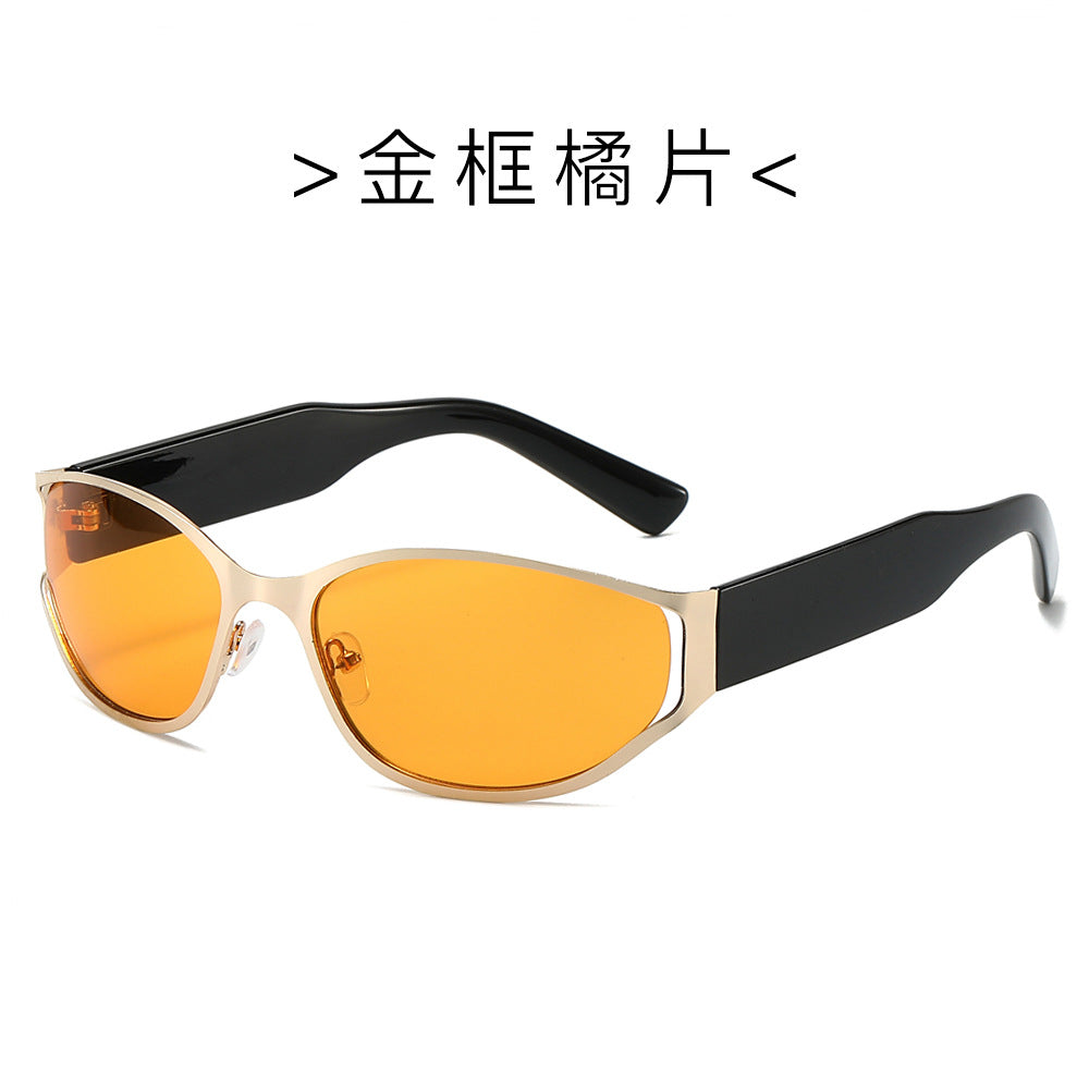 (6 PACK) Wholesale Sunglasses Fashion Futuristic Round New Arrival Trendy 2024 - BulkSunglassesWholesale.com - Gold Frame Orange Lens