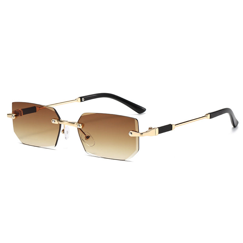 (6 PACK) Wholesale Sunglasses Rimless Polygon Cut Edge Fashion Trendy 2024 - BulkSunglassesWholesale.com - Gold Frame Gradient Tea