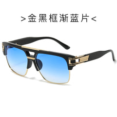 (6 PACK) Wholesale Sunglasses Metal Square Trendy Women 2024 - BulkSunglassesWholesale.com - Gold Black Frame Gradient Blue Lens