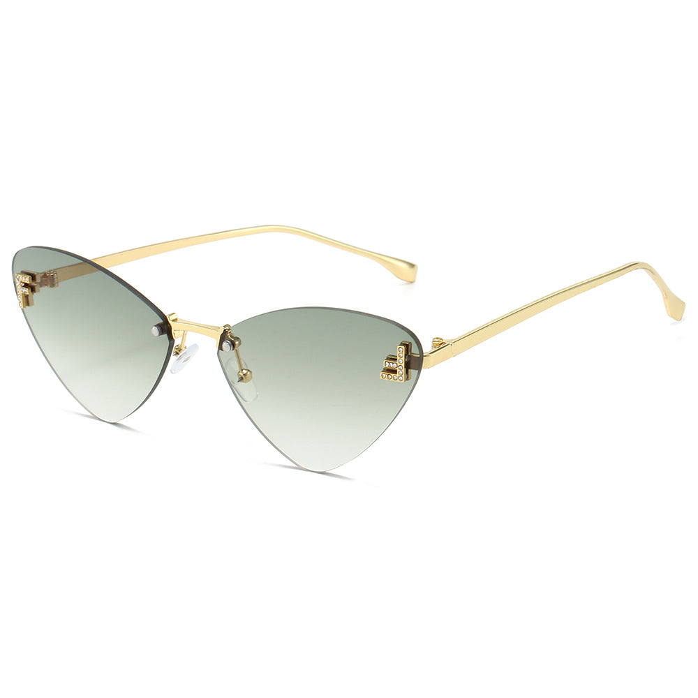 (6 PACK) Wholesale Sunglasses Rimless Triangle Cat Eye Fashion Unique Metal 2024 - BulkSunglassesWholesale.com - Gold Frame Gradient Green Lens