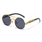 (6 PACK) Wholesale Sunglasses New Arrival Unique Round Metal Fashion Double Bridge Leopard Head 2025 - BulkSunglassesWholesale.com - Gold Frame Black Temple Black Grey