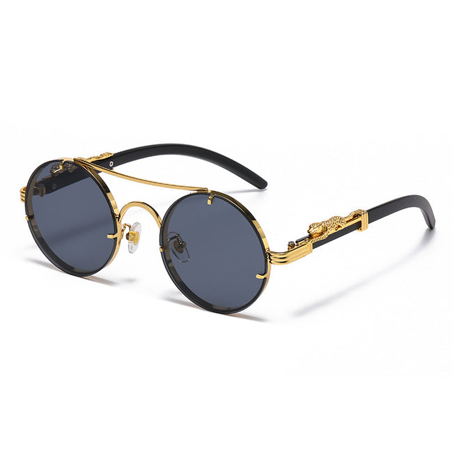 (6 PACK) Wholesale Sunglasses New Arrival Unique Round Metal Fashion Double Bridge Leopard Head 2025 - BulkSunglassesWholesale.com - Gold Frame Black Temple Black Grey Hover Image