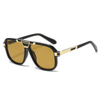 (6 PACK) Wholesale Sunglasses New Arrival Vintage Double Bridge Aviator Fashion Square Men 2025 - BulkSunglassesWholesale.com - Black Frame Tea Lens