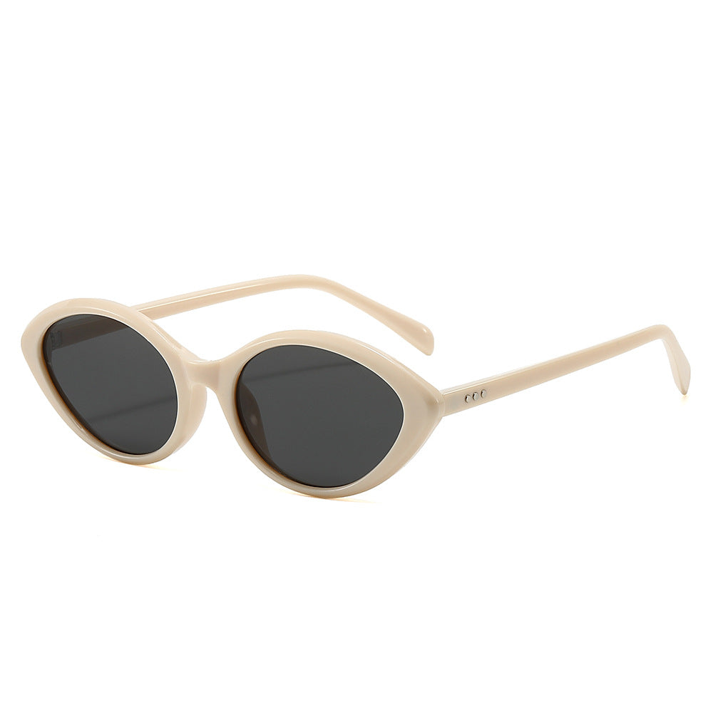 (6 PACK) Wholesale Sunglasses New Arrival Small Cat Eye Women Street Fashion Trendy Women 2024 - BulkSunglassesWholesale.com - Beige White Frame Black Lens