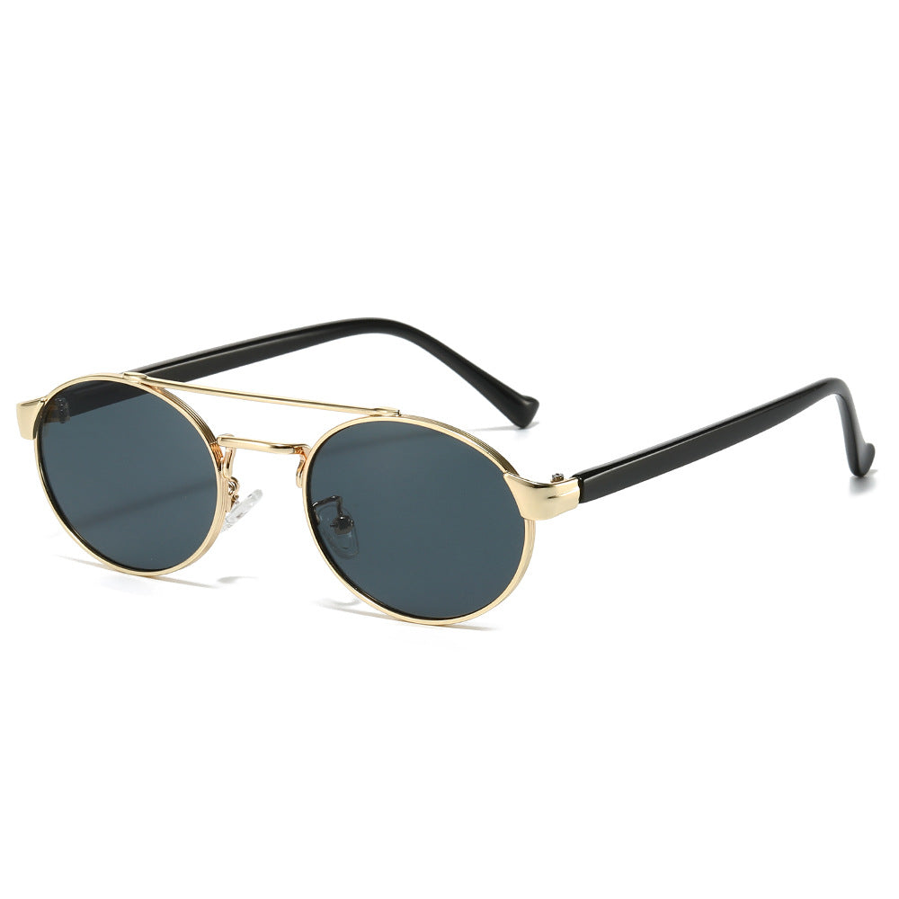 (6 PACK) Wholesale Sunglasses New Arrival Double Bridge Unique Oval 2024 - BulkSunglassesWholesale.com - Gold Frame Black Lens