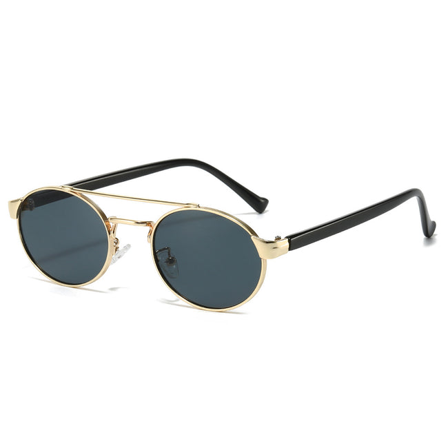 (6 PACK) Wholesale Sunglasses New Arrival Double Bridge Unique Oval 2024 - BulkSunglassesWholesale.com - Gold Frame Black Lens Hover Image